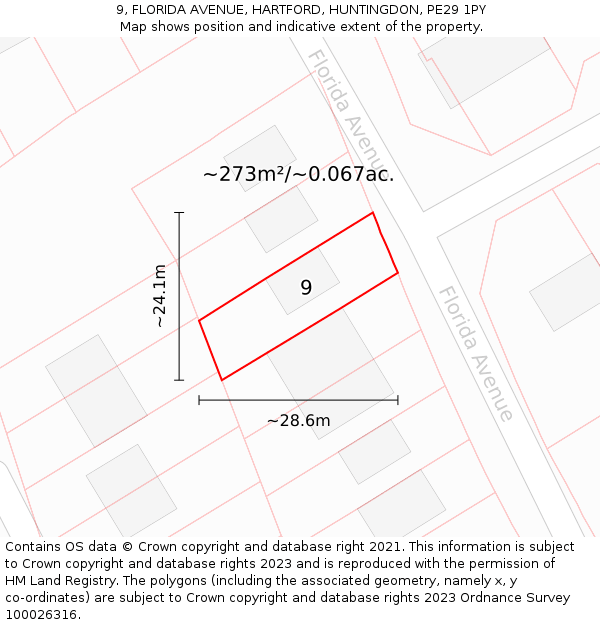 9, FLORIDA AVENUE, HARTFORD, HUNTINGDON, PE29 1PY: Plot and title map