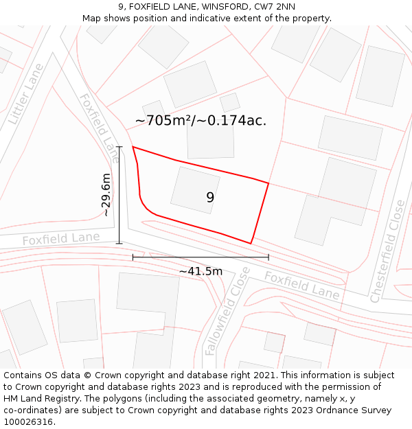 9, FOXFIELD LANE, WINSFORD, CW7 2NN: Plot and title map