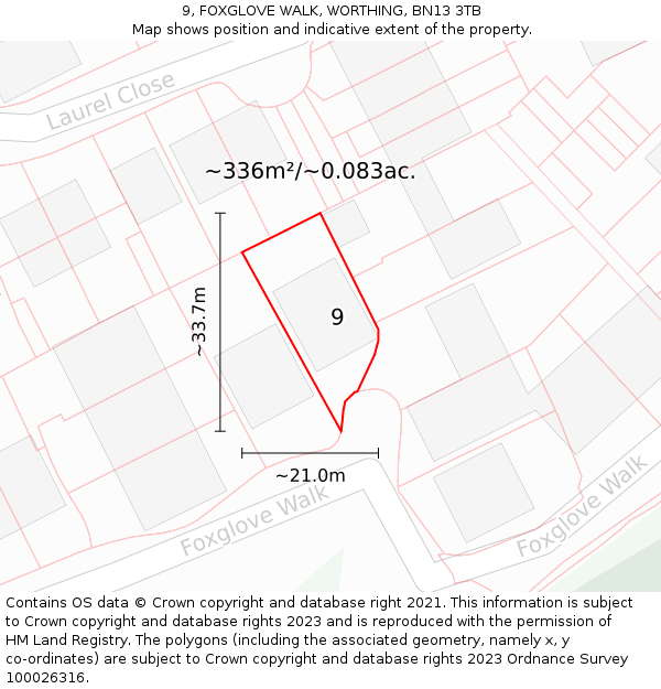 9, FOXGLOVE WALK, WORTHING, BN13 3TB: Plot and title map