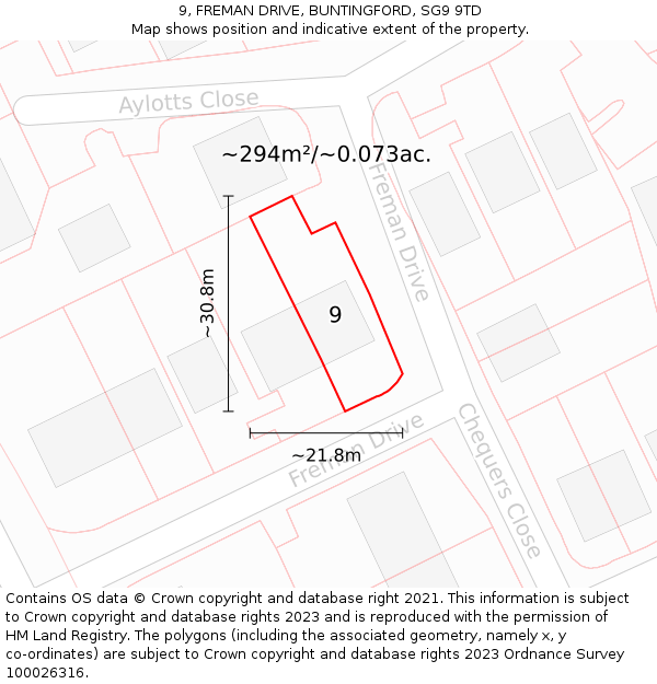 9, FREMAN DRIVE, BUNTINGFORD, SG9 9TD: Plot and title map