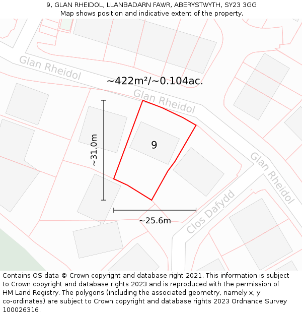 9, GLAN RHEIDOL, LLANBADARN FAWR, ABERYSTWYTH, SY23 3GG: Plot and title map