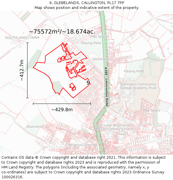 9, GLEBELANDS, CALLINGTON, PL17 7PP: Plot and title map