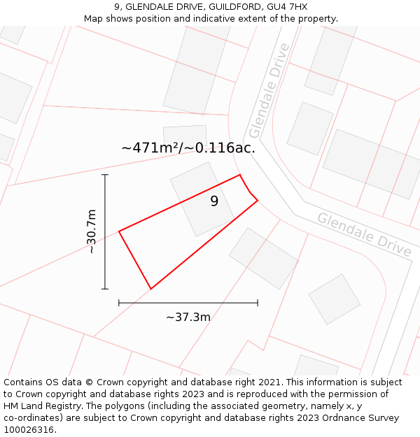 9, GLENDALE DRIVE, GUILDFORD, GU4 7HX: Plot and title map