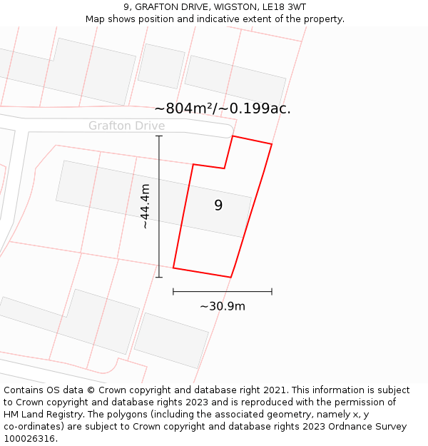 9, GRAFTON DRIVE, WIGSTON, LE18 3WT: Plot and title map