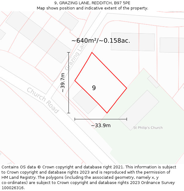 9, GRAZING LANE, REDDITCH, B97 5PE: Plot and title map