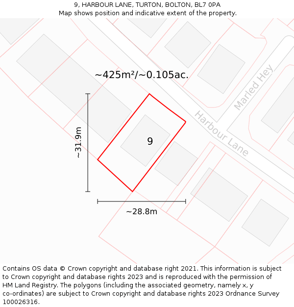 9, HARBOUR LANE, TURTON, BOLTON, BL7 0PA: Plot and title map