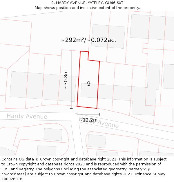 9, HARDY AVENUE, YATELEY, GU46 6XT: Plot and title map