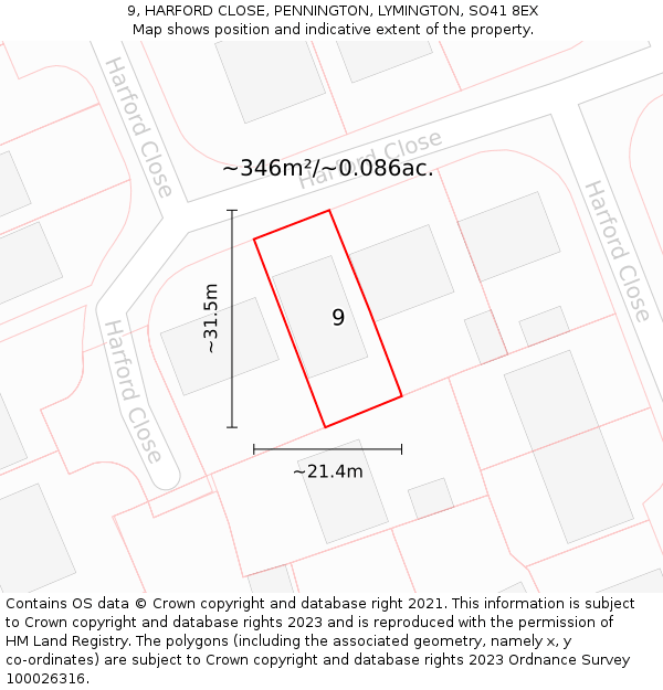 9, HARFORD CLOSE, PENNINGTON, LYMINGTON, SO41 8EX: Plot and title map