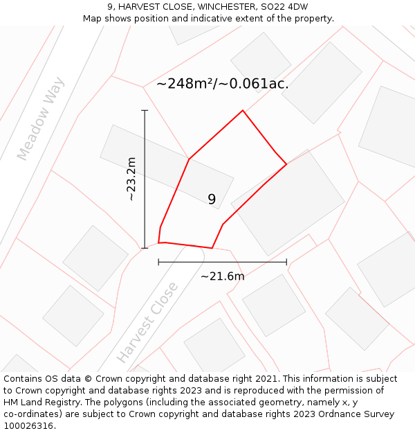 9, HARVEST CLOSE, WINCHESTER, SO22 4DW: Plot and title map