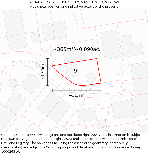 9, HATFORD CLOSE, TYLDESLEY, MANCHESTER, M29 8WX: Plot and title map