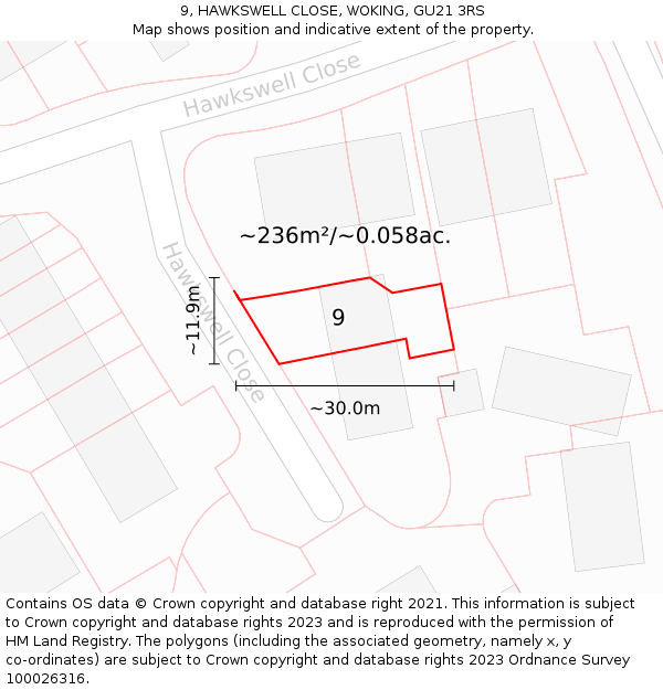 9, HAWKSWELL CLOSE, WOKING, GU21 3RS: Plot and title map