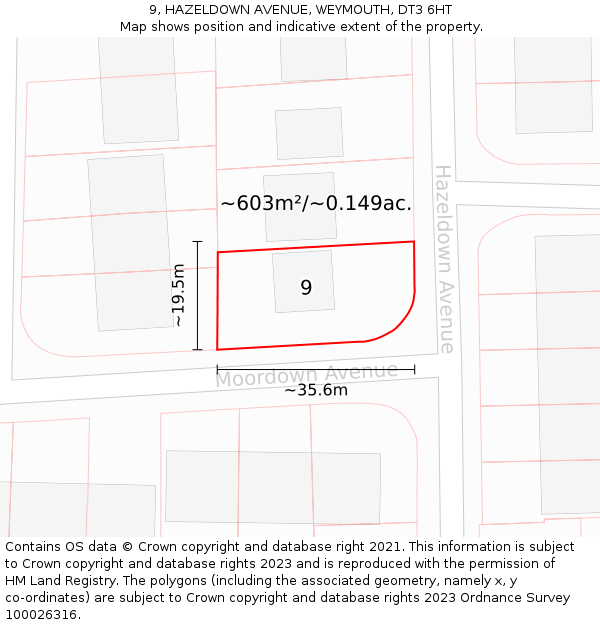 9, HAZELDOWN AVENUE, WEYMOUTH, DT3 6HT: Plot and title map