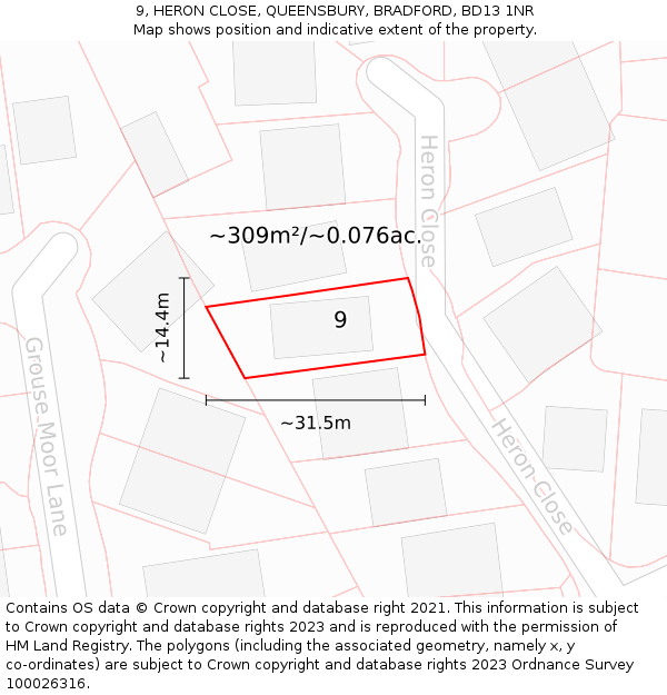 9, HERON CLOSE, QUEENSBURY, BRADFORD, BD13 1NR: Plot and title map