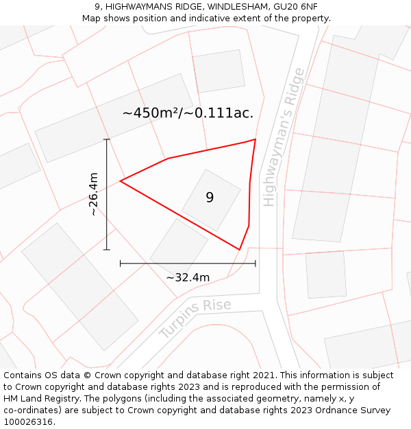 9, HIGHWAYMANS RIDGE, WINDLESHAM, GU20 6NF: Plot and title map