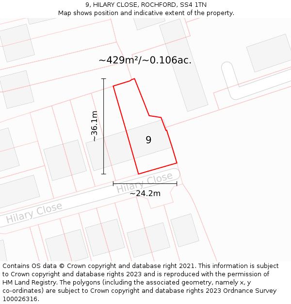 9, HILARY CLOSE, ROCHFORD, SS4 1TN: Plot and title map