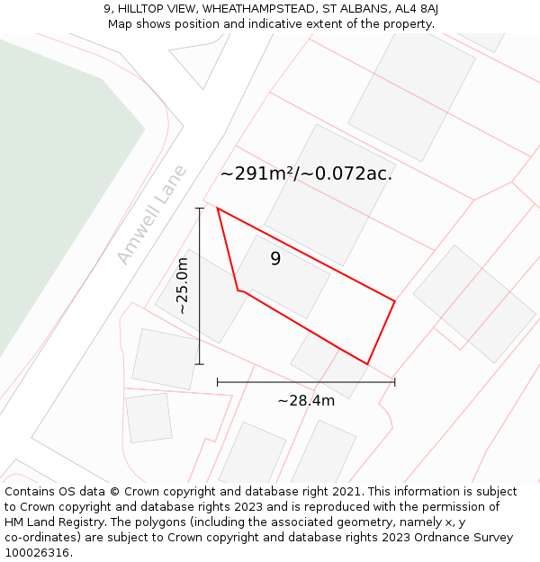 9, HILLTOP VIEW, WHEATHAMPSTEAD, ST ALBANS, AL4 8AJ: Plot and title map