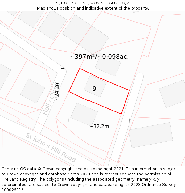 9, HOLLY CLOSE, WOKING, GU21 7QZ: Plot and title map