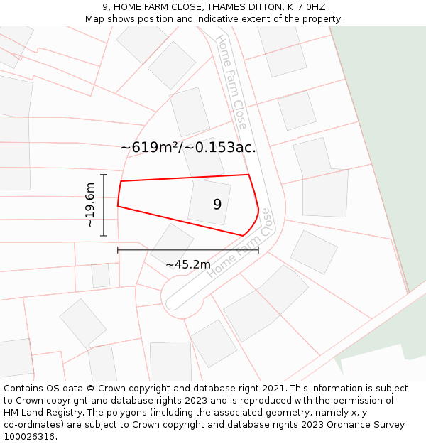 9, HOME FARM CLOSE, THAMES DITTON, KT7 0HZ: Plot and title map