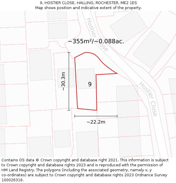 9, HOSTIER CLOSE, HALLING, ROCHESTER, ME2 1ES: Plot and title map