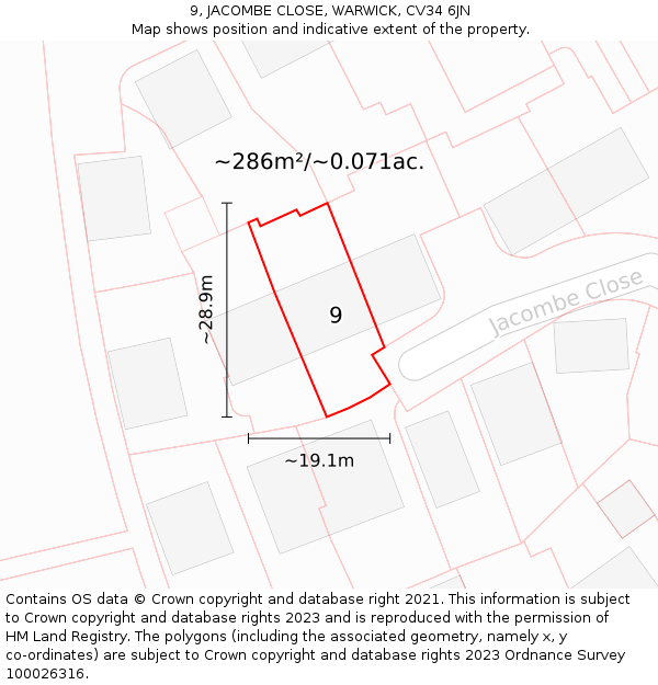 9, JACOMBE CLOSE, WARWICK, CV34 6JN: Plot and title map