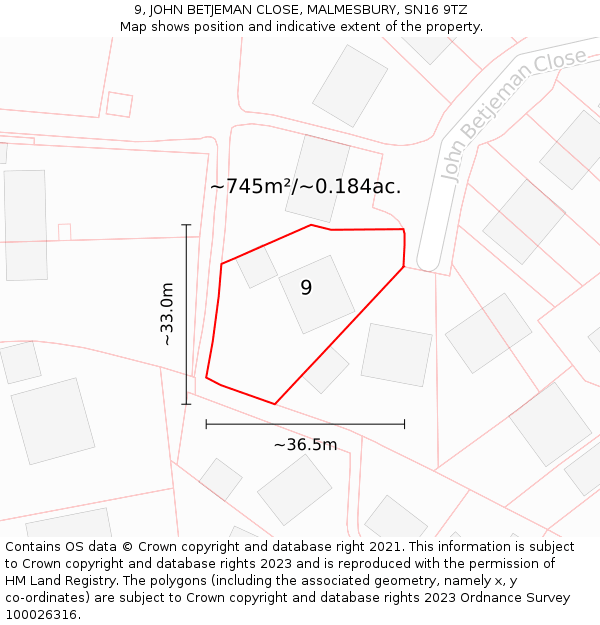 9, JOHN BETJEMAN CLOSE, MALMESBURY, SN16 9TZ: Plot and title map