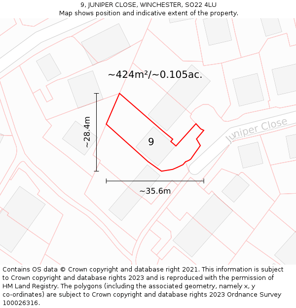 9, JUNIPER CLOSE, WINCHESTER, SO22 4LU: Plot and title map