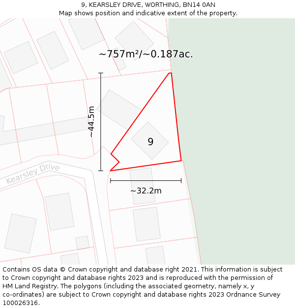 9, KEARSLEY DRIVE, WORTHING, BN14 0AN: Plot and title map