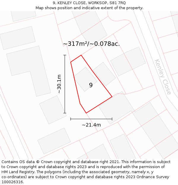 9, KENLEY CLOSE, WORKSOP, S81 7RQ: Plot and title map