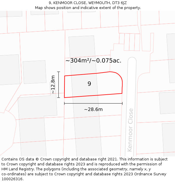 9, KENMOOR CLOSE, WEYMOUTH, DT3 6JZ: Plot and title map