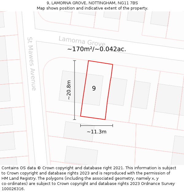 9, LAMORNA GROVE, NOTTINGHAM, NG11 7BS: Plot and title map