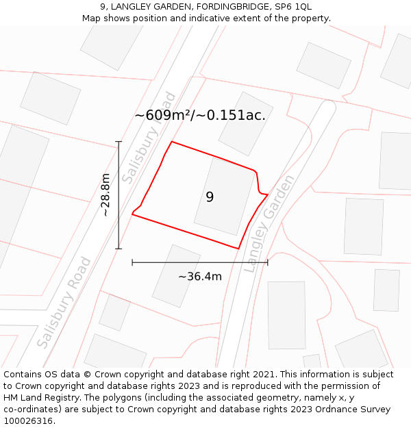 9, LANGLEY GARDEN, FORDINGBRIDGE, SP6 1QL: Plot and title map