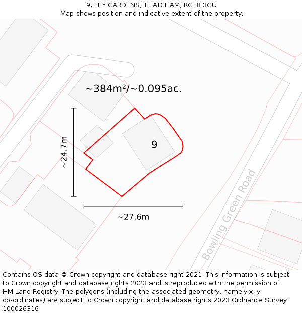 9, LILY GARDENS, THATCHAM, RG18 3GU: Plot and title map