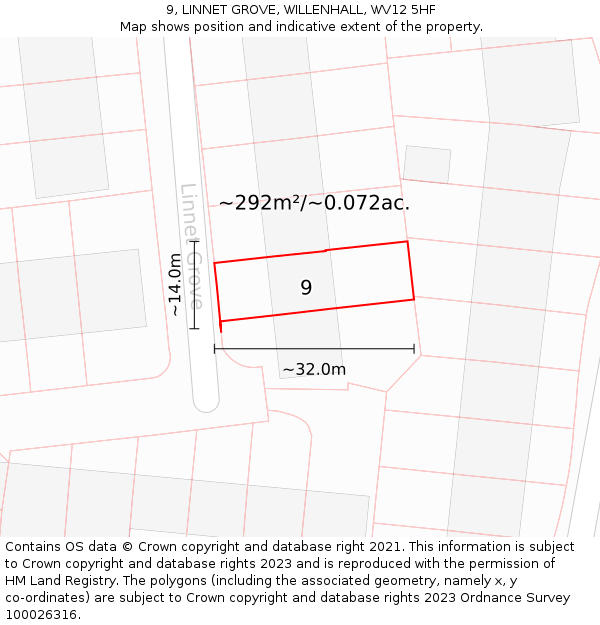 9, LINNET GROVE, WILLENHALL, WV12 5HF: Plot and title map