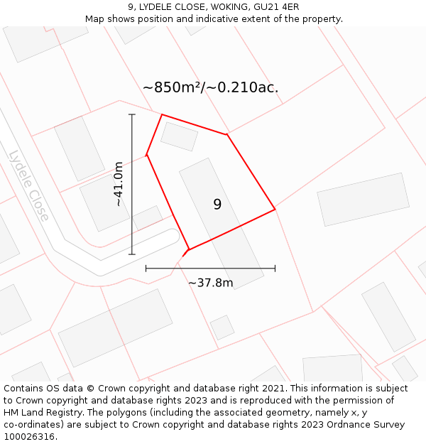 9, LYDELE CLOSE, WOKING, GU21 4ER: Plot and title map