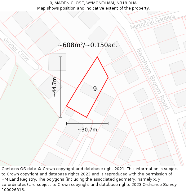 9, MADEN CLOSE, WYMONDHAM, NR18 0UA: Plot and title map