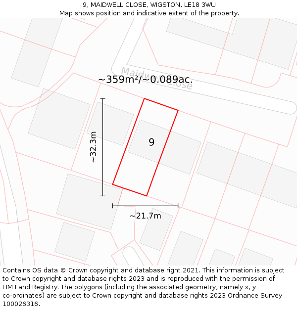 9, MAIDWELL CLOSE, WIGSTON, LE18 3WU: Plot and title map