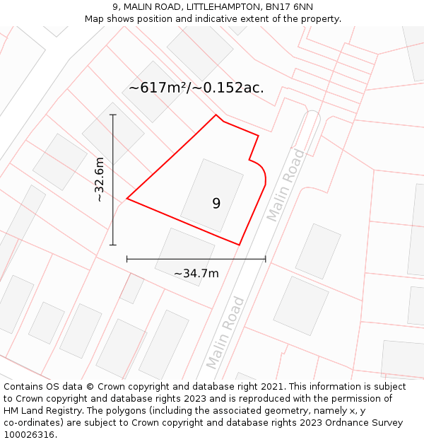 9, MALIN ROAD, LITTLEHAMPTON, BN17 6NN: Plot and title map