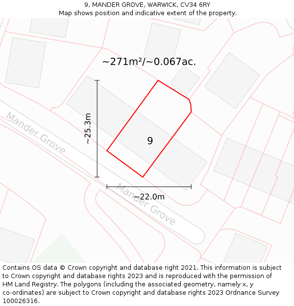 9, MANDER GROVE, WARWICK, CV34 6RY: Plot and title map