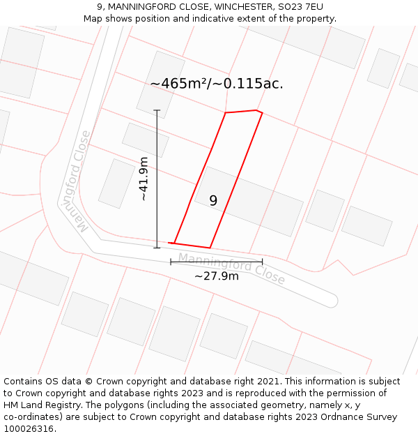 9, MANNINGFORD CLOSE, WINCHESTER, SO23 7EU: Plot and title map