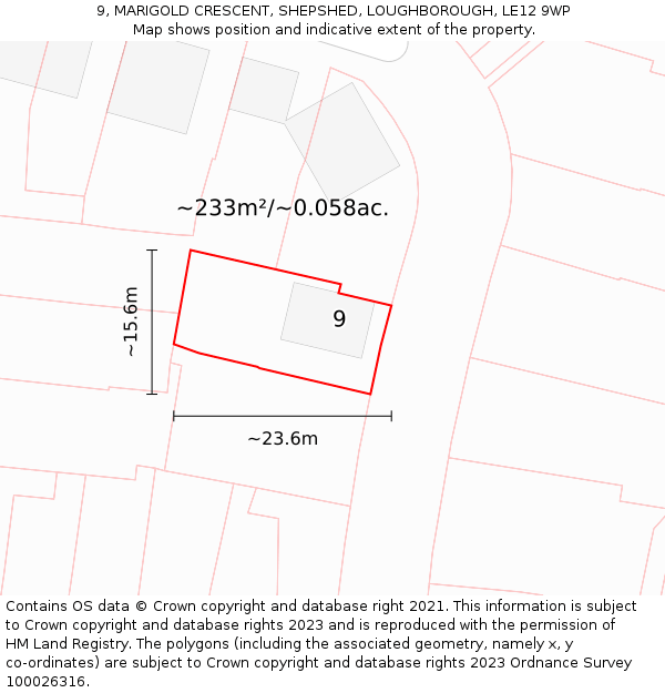 9, MARIGOLD CRESCENT, SHEPSHED, LOUGHBOROUGH, LE12 9WP: Plot and title map