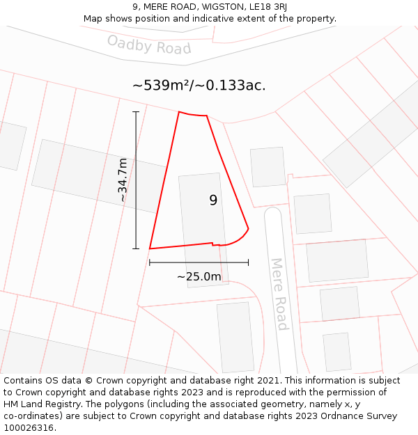 9, MERE ROAD, WIGSTON, LE18 3RJ: Plot and title map