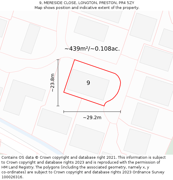 9, MERESIDE CLOSE, LONGTON, PRESTON, PR4 5ZY: Plot and title map