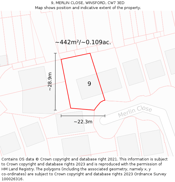 9, MERLIN CLOSE, WINSFORD, CW7 3ED: Plot and title map