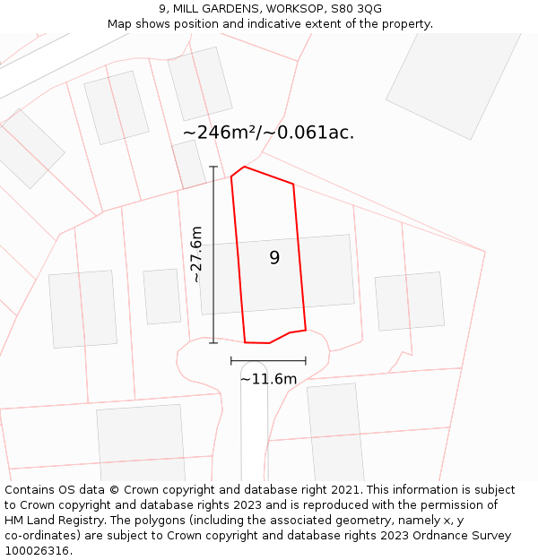 9, MILL GARDENS, WORKSOP, S80 3QG: Plot and title map