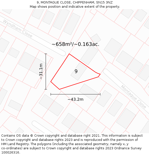 9, MONTAGUE CLOSE, CHIPPENHAM, SN15 3NZ: Plot and title map