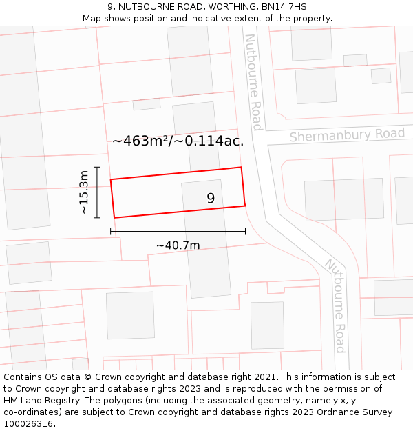 9, NUTBOURNE ROAD, WORTHING, BN14 7HS: Plot and title map