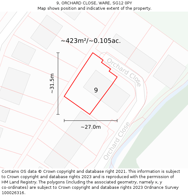 9, ORCHARD CLOSE, WARE, SG12 0PY: Plot and title map