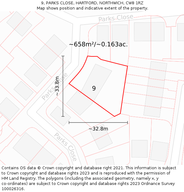 9, PARKS CLOSE, HARTFORD, NORTHWICH, CW8 1RZ: Plot and title map