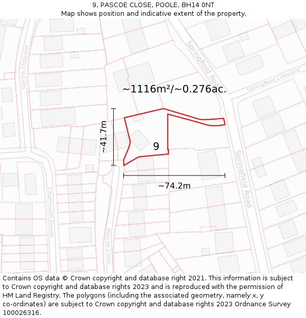 9, PASCOE CLOSE, POOLE, BH14 0NT: Plot and title map