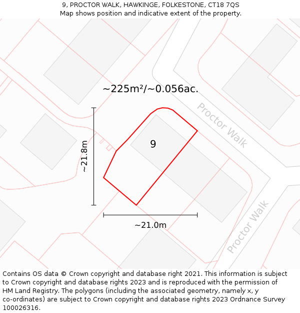 9, PROCTOR WALK, HAWKINGE, FOLKESTONE, CT18 7QS: Plot and title map